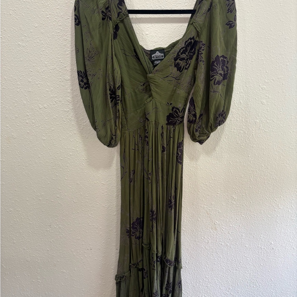 Angie Olive Green Maxi Dress with Black Floral Print